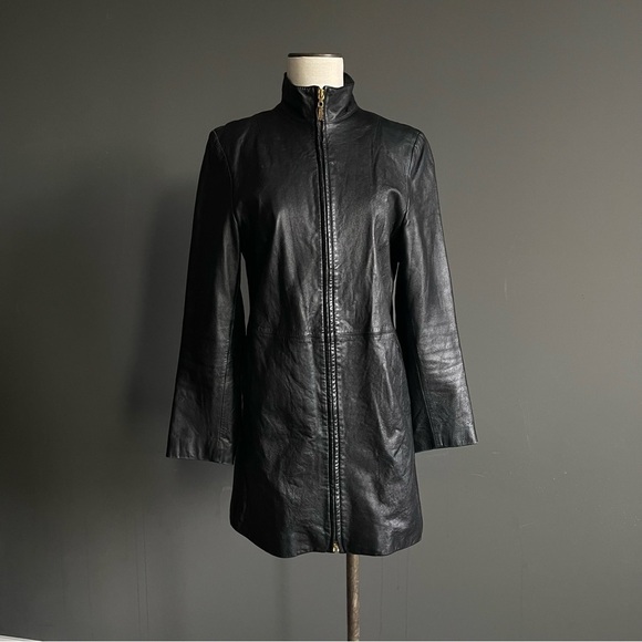 Colebrook Jackets & Blazers - Colebrook & Co Black Leather Funnel Neck Longline Jacket Coat Dress Minimalist